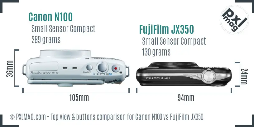Canon N100 vs FujiFilm JX350 top view buttons comparison