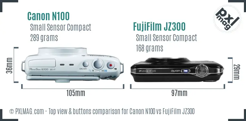 Canon N100 vs FujiFilm JZ300 top view buttons comparison Canon N100 vs FujiFilm JZ300 top view buttons comparison