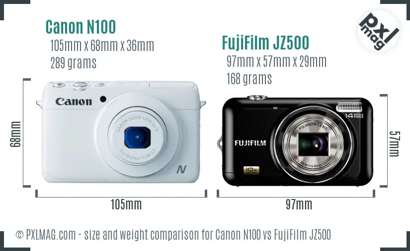 Canon N100 vs FujiFilm JZ500 size comparison Canon N100 vs FujiFilm JZ500 size comparison