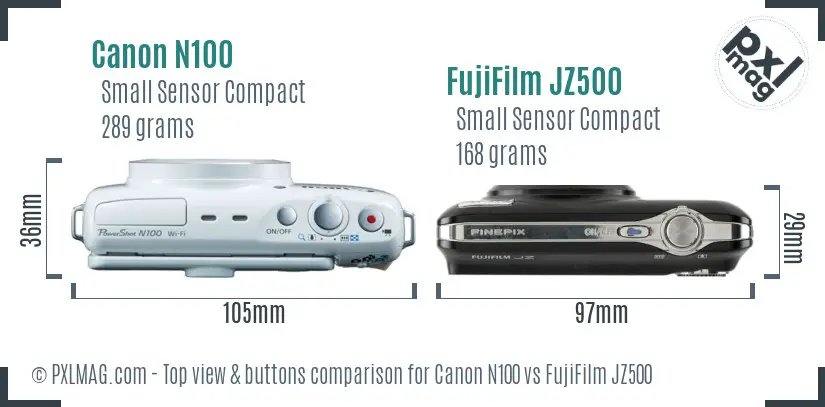 Canon N100 vs FujiFilm JZ500 top view buttons comparison Canon N100 vs FujiFilm JZ500 top view buttons comparison