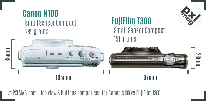 Canon N100 vs FujiFilm T300 top view buttons comparison Canon N100 vs FujiFilm T300 top view buttons comparison