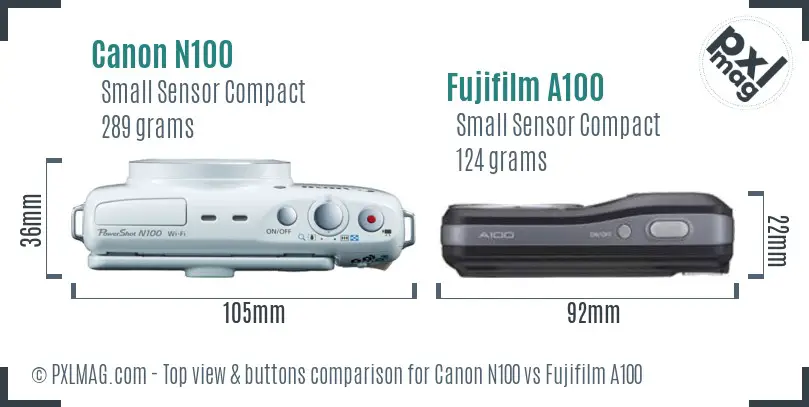 Canon N100 vs Fujifilm A100 top view buttons comparison