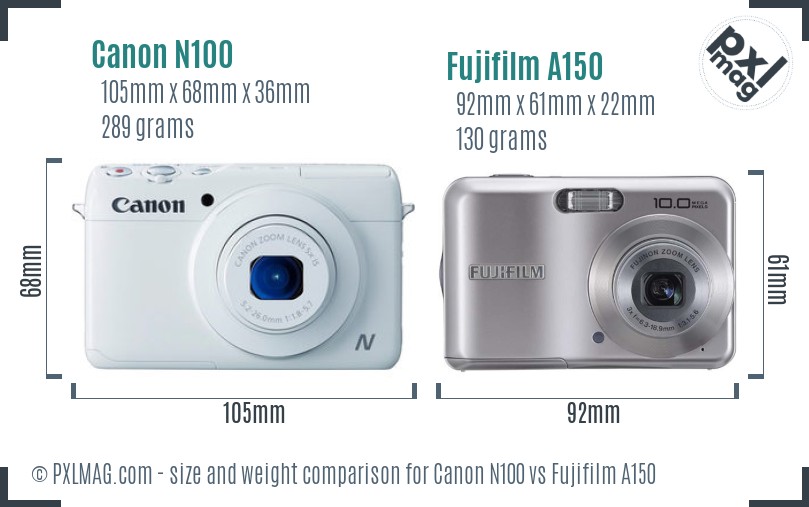 Canon N100 vs Fujifilm A150 size comparison