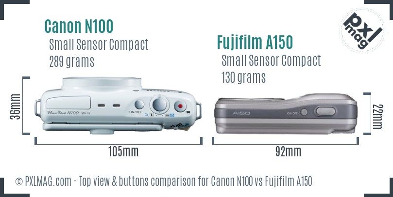 Canon N100 vs Fujifilm A150 top view buttons comparison