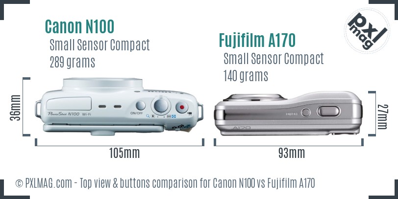 Canon N100 vs Fujifilm A170 top view buttons comparison