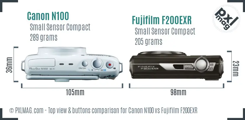 Canon N100 vs Fujifilm F200EXR top view buttons comparison