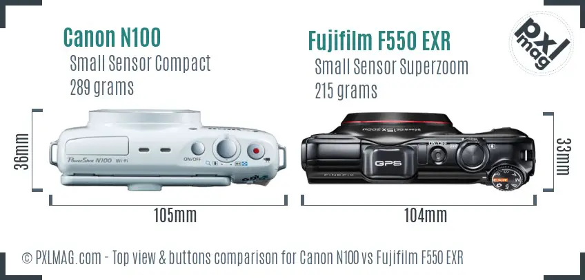 Canon N100 vs Fujifilm F550 EXR top view buttons comparison