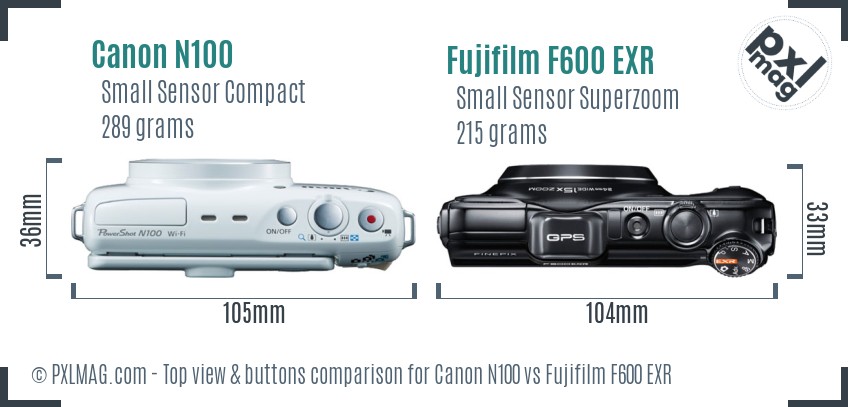 Canon N100 vs Fujifilm F600 EXR top view buttons comparison