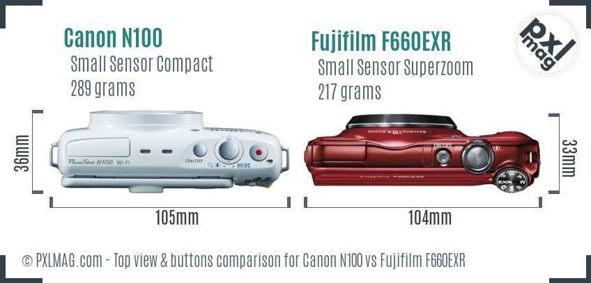 Canon N100 vs Fujifilm F660EXR top view buttons comparison
