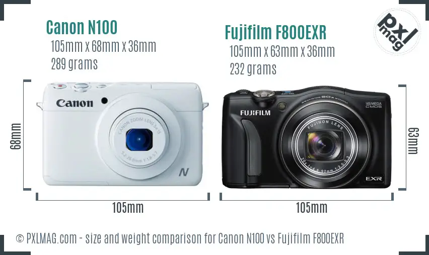 Canon N100 vs Fujifilm F800EXR size comparison