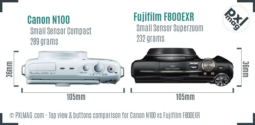 Canon N100 vs Fujifilm F800EXR top view buttons comparison