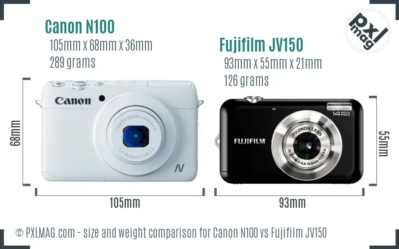 Canon N100 vs Fujifilm JV150 size comparison