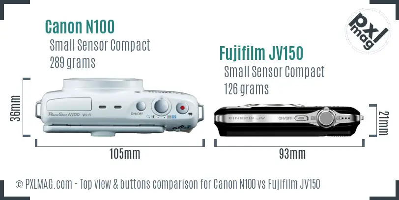 Canon N100 vs Fujifilm JV150 top view buttons comparison