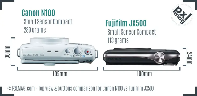 Canon N100 vs Fujifilm JX500 top view buttons comparison Canon N100 vs Fujifilm JX500 top view buttons comparison