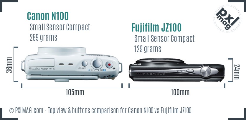 Canon N100 vs Fujifilm JZ100 top view buttons comparison