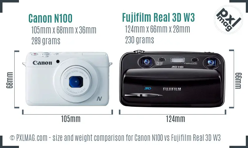Canon N100 vs Fujifilm Real 3D W3 size comparison