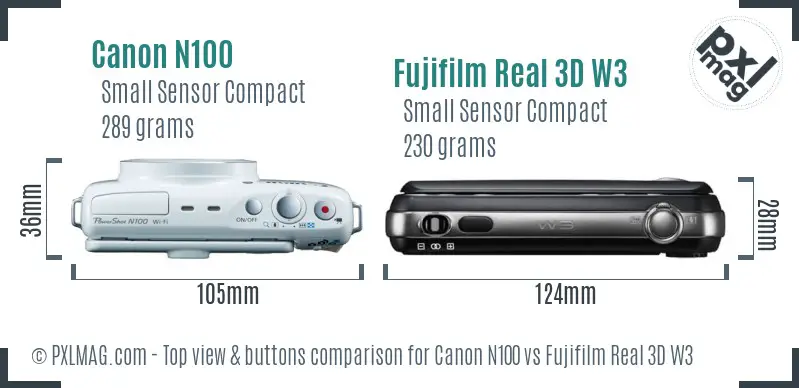 Canon N100 vs Fujifilm Real 3D W3 top view buttons comparison