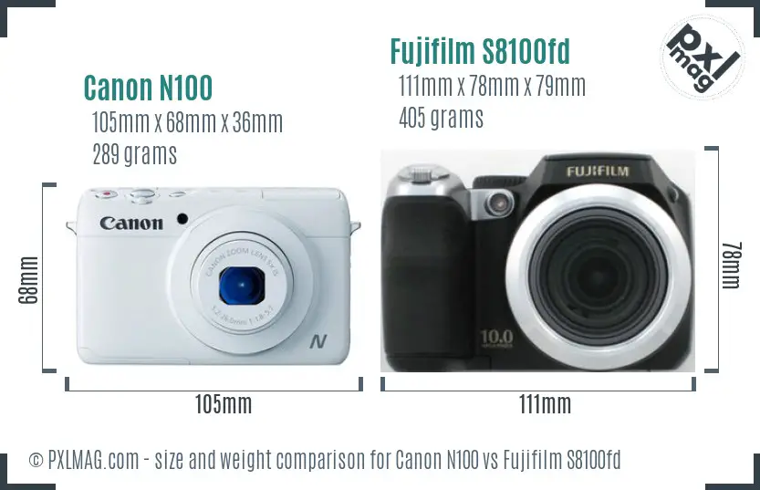 Canon N100 vs Fujifilm S8100fd size comparison