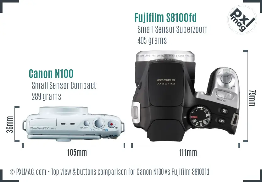 Canon N100 vs Fujifilm S8100fd top view buttons comparison
