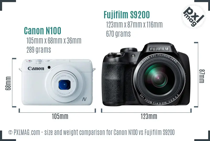 Canon N100 vs Fujifilm S9200 size comparison