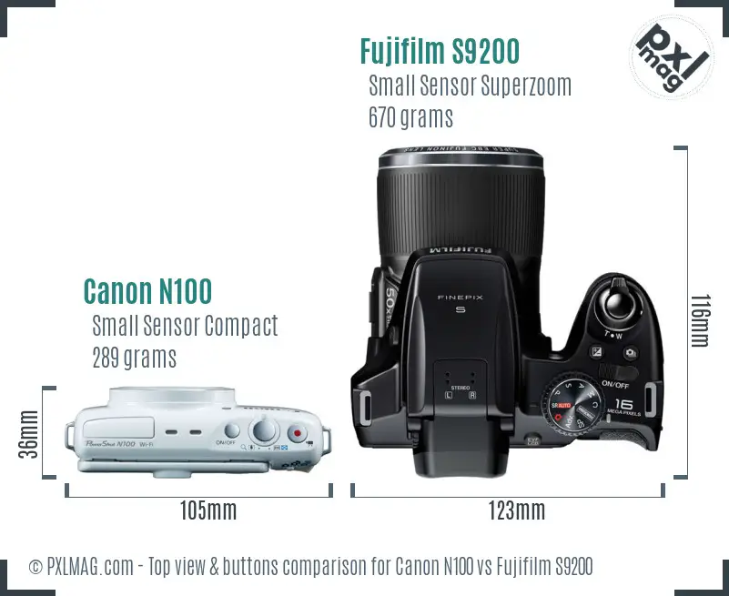 Canon N100 vs Fujifilm S9200 top view buttons comparison
