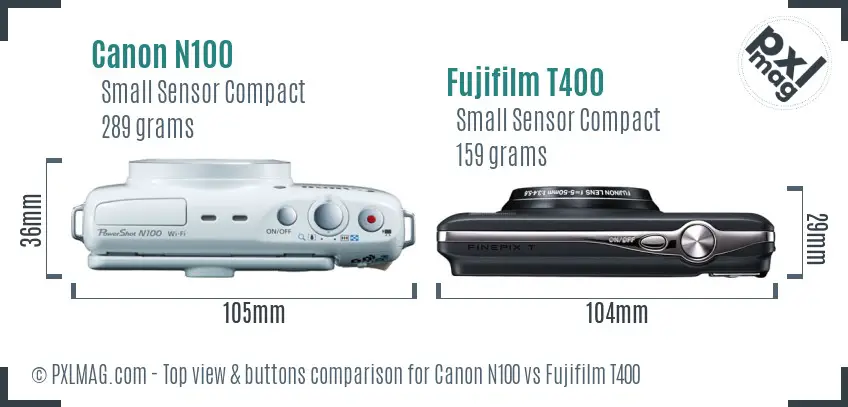 Canon N100 vs Fujifilm T400 top view buttons comparison