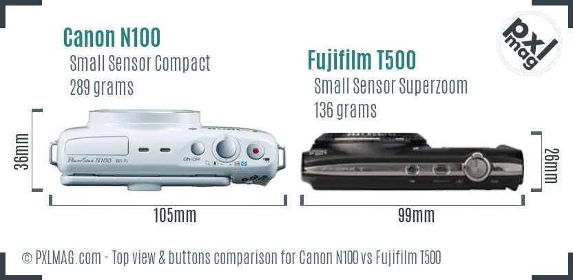 Canon N100 vs Fujifilm T500 top view buttons comparison Canon N100 vs Fujifilm T500 top view buttons comparison