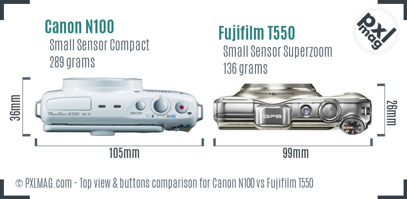 Canon N100 vs Fujifilm T550 top view buttons comparison