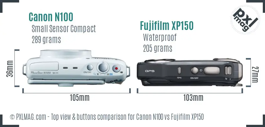Canon N100 vs Fujifilm XP150 top view buttons comparison Canon N100 vs Fujifilm XP150 top view buttons comparison