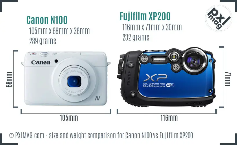 Canon N100 vs Fujifilm XP200 size comparison