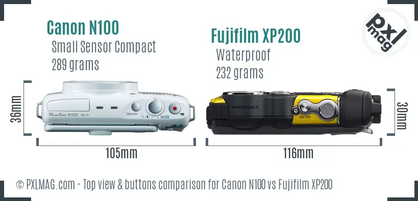 Canon N100 vs Fujifilm XP200 top view buttons comparison