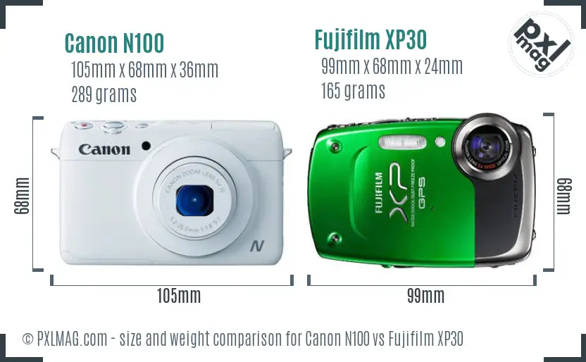 Canon N100 vs Fujifilm XP30 size comparison