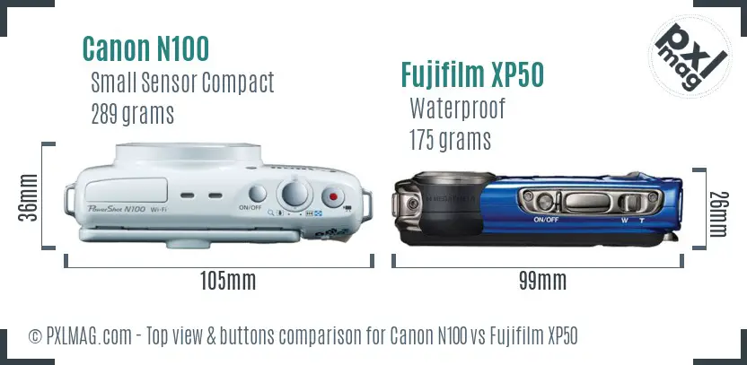 Canon N100 vs Fujifilm XP50 top view buttons comparison