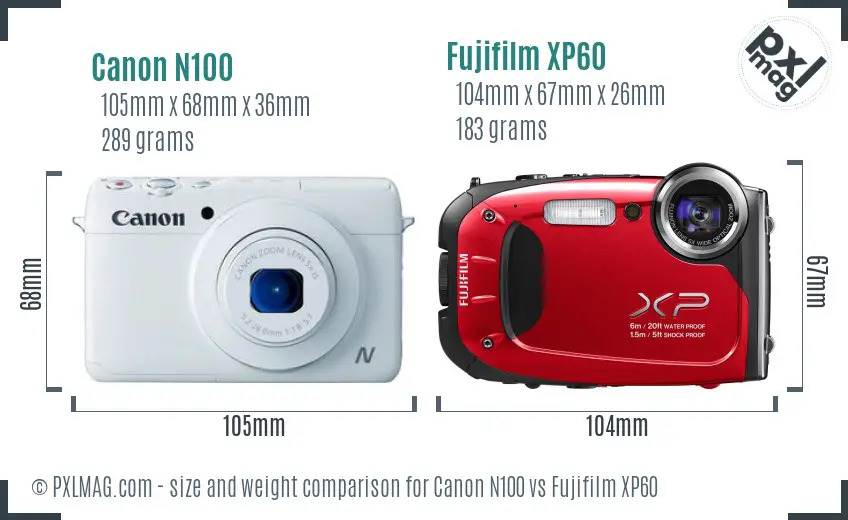 Canon N100 vs Fujifilm XP60 size comparison Canon N100 vs Fujifilm XP60 size comparison