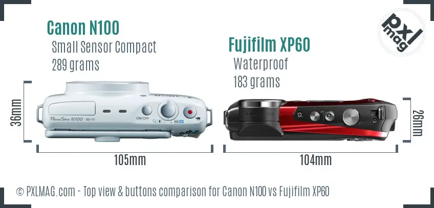 Canon N100 vs Fujifilm XP60 top view buttons comparison Canon N100 vs Fujifilm XP60 top view buttons comparison