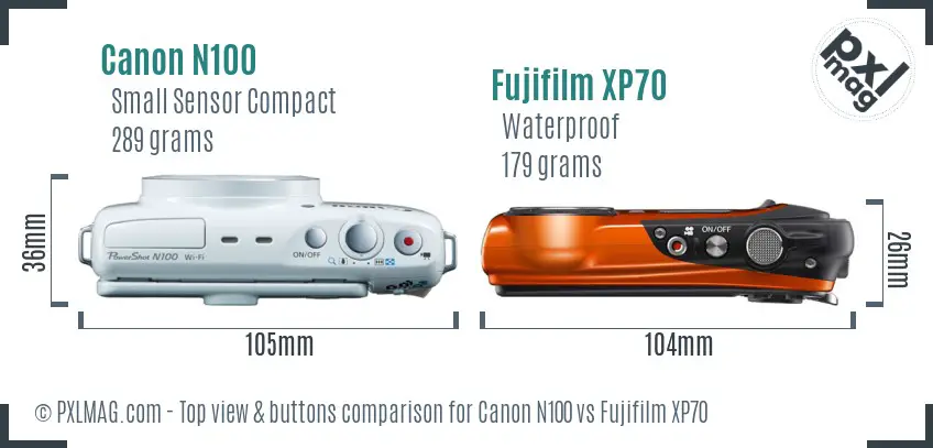 Canon N100 vs Fujifilm XP70 top view buttons comparison