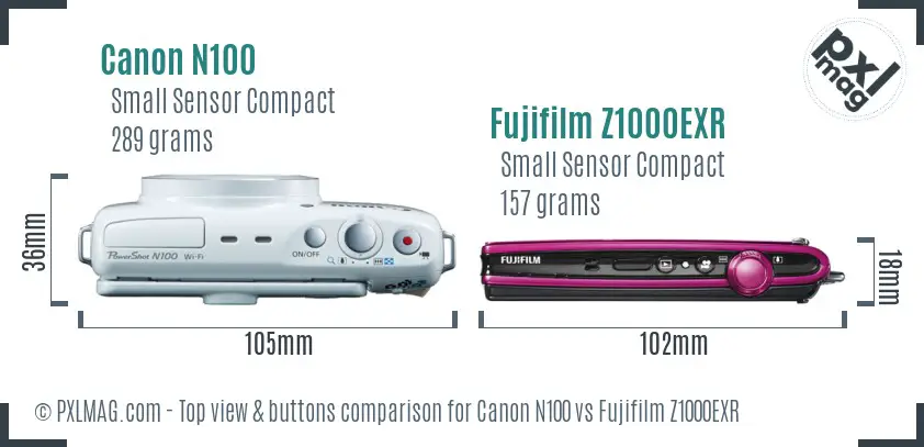 Canon N100 vs Fujifilm Z1000EXR top view buttons comparison