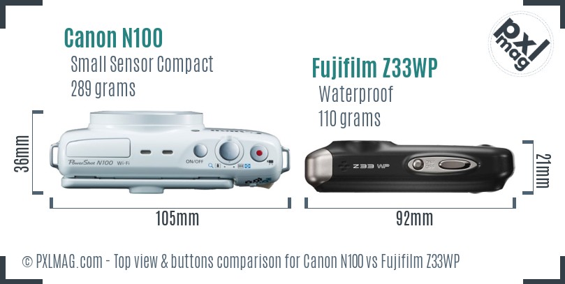Canon N100 vs Fujifilm Z33WP top view buttons comparison
