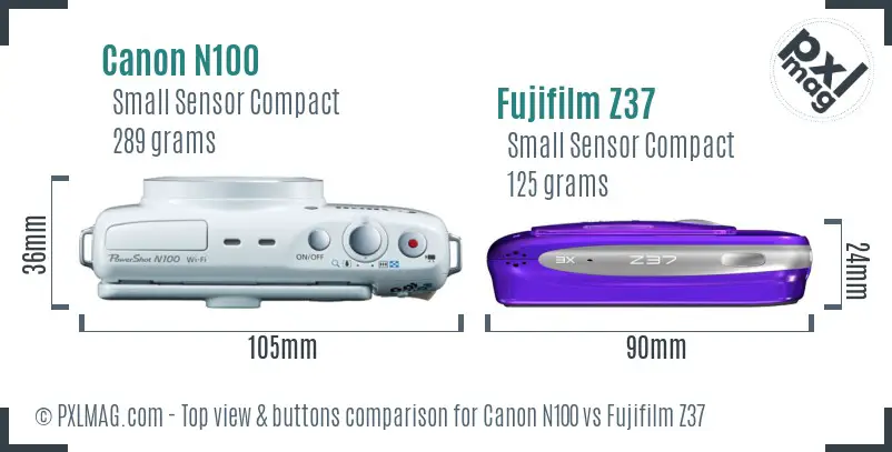 Canon N100 vs Fujifilm Z37 top view buttons comparison