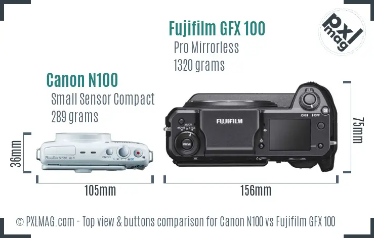 Canon N100 vs Fujifilm GFX 100 top view buttons comparison