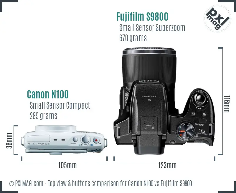 Canon N100 vs Fujifilm S9800 top view buttons comparison