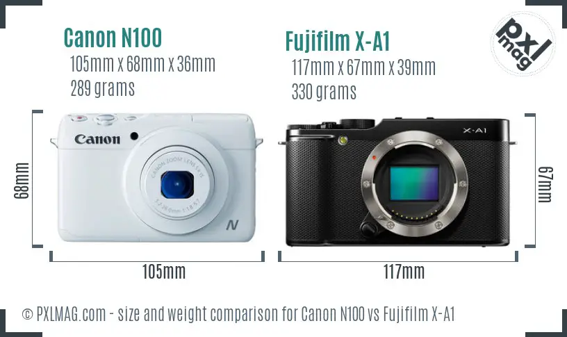 Canon N100 vs Fujifilm X-A1 size comparison