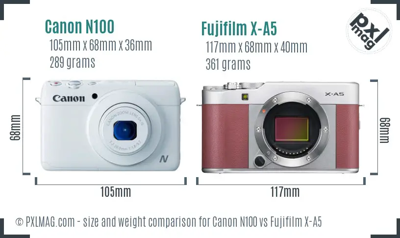 Canon N100 vs Fujifilm X-A5 size comparison
