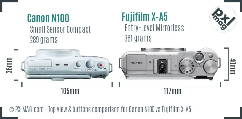 Canon N100 vs Fujifilm X-A5 top view buttons comparison