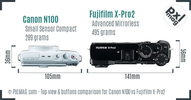 Canon N100 vs Fujifilm X-Pro2 top view buttons comparison