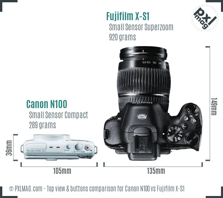 Canon N100 vs Fujifilm X-S1 top view buttons comparison