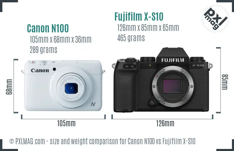 Canon N100 vs Fujifilm X-S10 size comparison