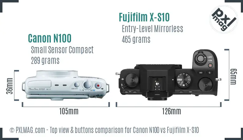 Canon N100 vs Fujifilm X-S10 top view buttons comparison