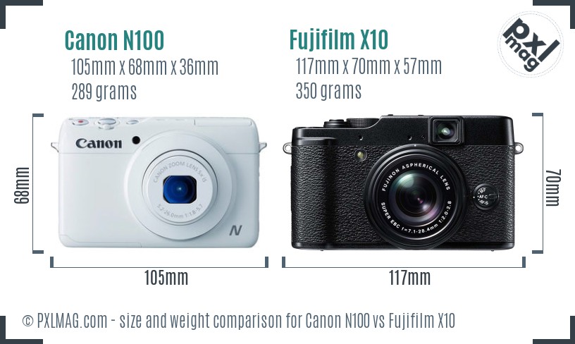 Canon N100 vs Fujifilm X10 size comparison