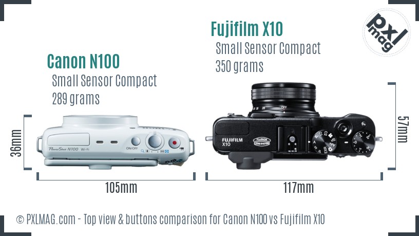 Canon N100 vs Fujifilm X10 top view buttons comparison